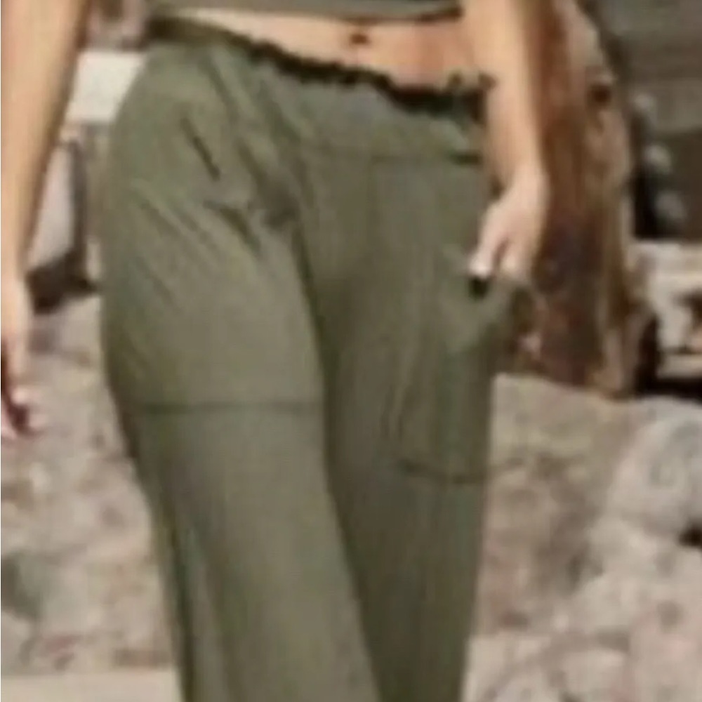Free People Movement Blissed Out Pants Wide Leg Ribbed Pull On Army Green - Picture 3 of 5